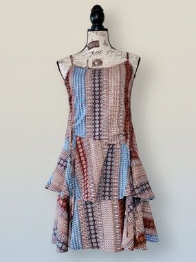 Pin Han Boho Patchwork Ruffle Mini Dress Adjustable Straps & Waist Medium New